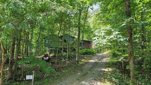 A forested path leading to a cabin with a sign indicating a 5-mile trail. - The Nest is Best in Bear Paw, Murphy, NC.  (Murphy)