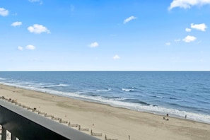 Una playa con cielo despejado, orilla arenosa y valla de madera.