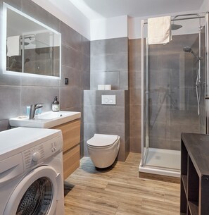 Shower, hair dryer, towels