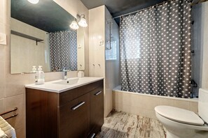 Un baño con ducha, inodoro, lavamanos y espejo.