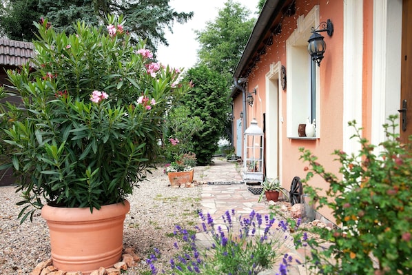 A pathway leading to a house with a potted plant and flowers. - Apartment 'Ferienwohnung Bestensee' with Lake View, Private Terrace and Wi-Fi (Bestensee)