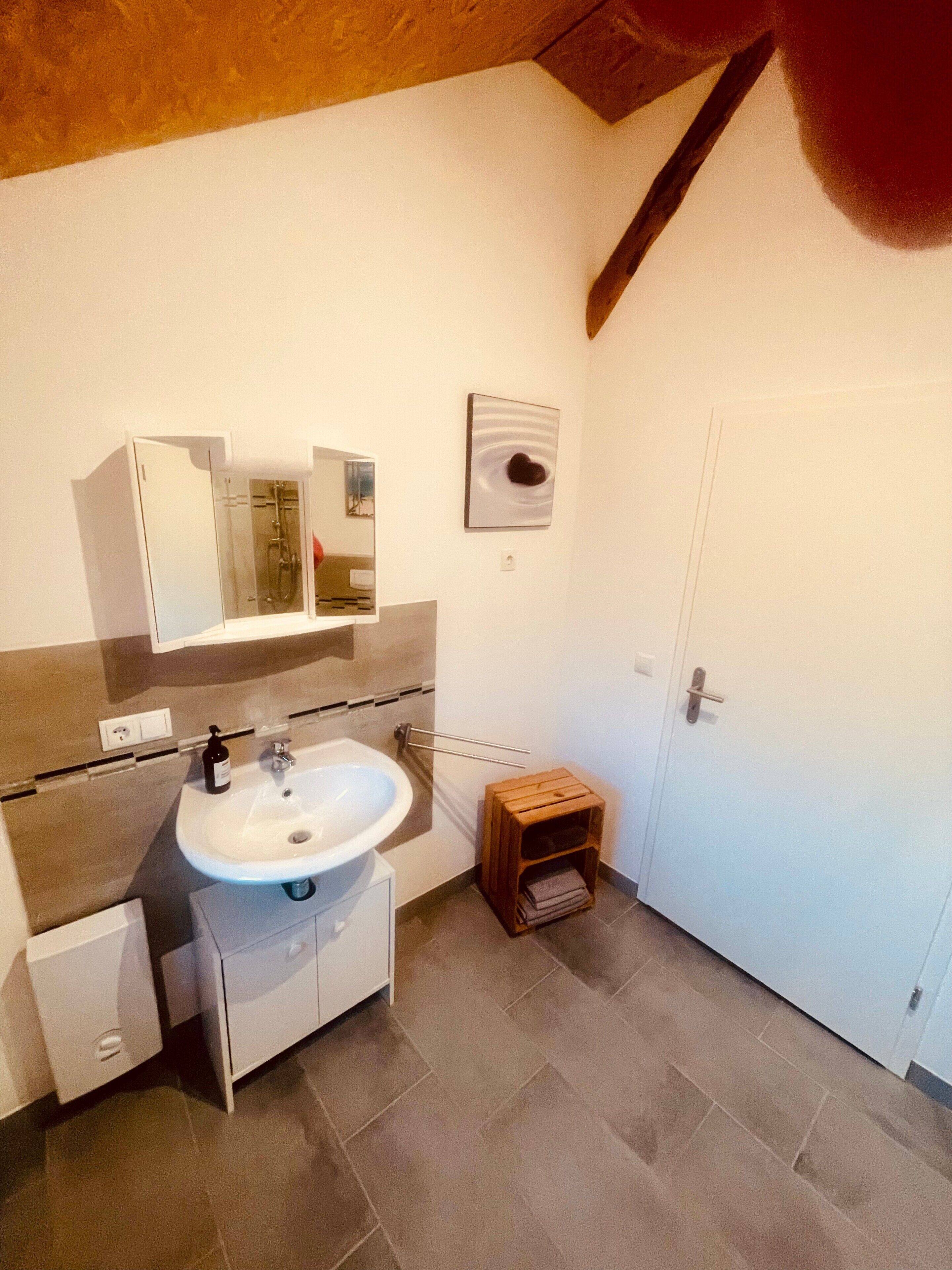 A bathroom with a sink, mirror, towel rack, and a door.