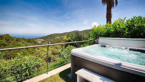 Un bain à remous offrant une vue imprenable sur un paysage luxuriant et un palmier.