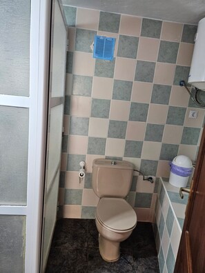 Chuveiro, secador de cabelo, toalhas de banho