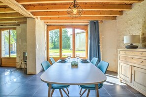 Dining - Gîte Le Pigeonnier with Shared Pool, Wi-Fi, and Air Conditioning (Chassaignes)