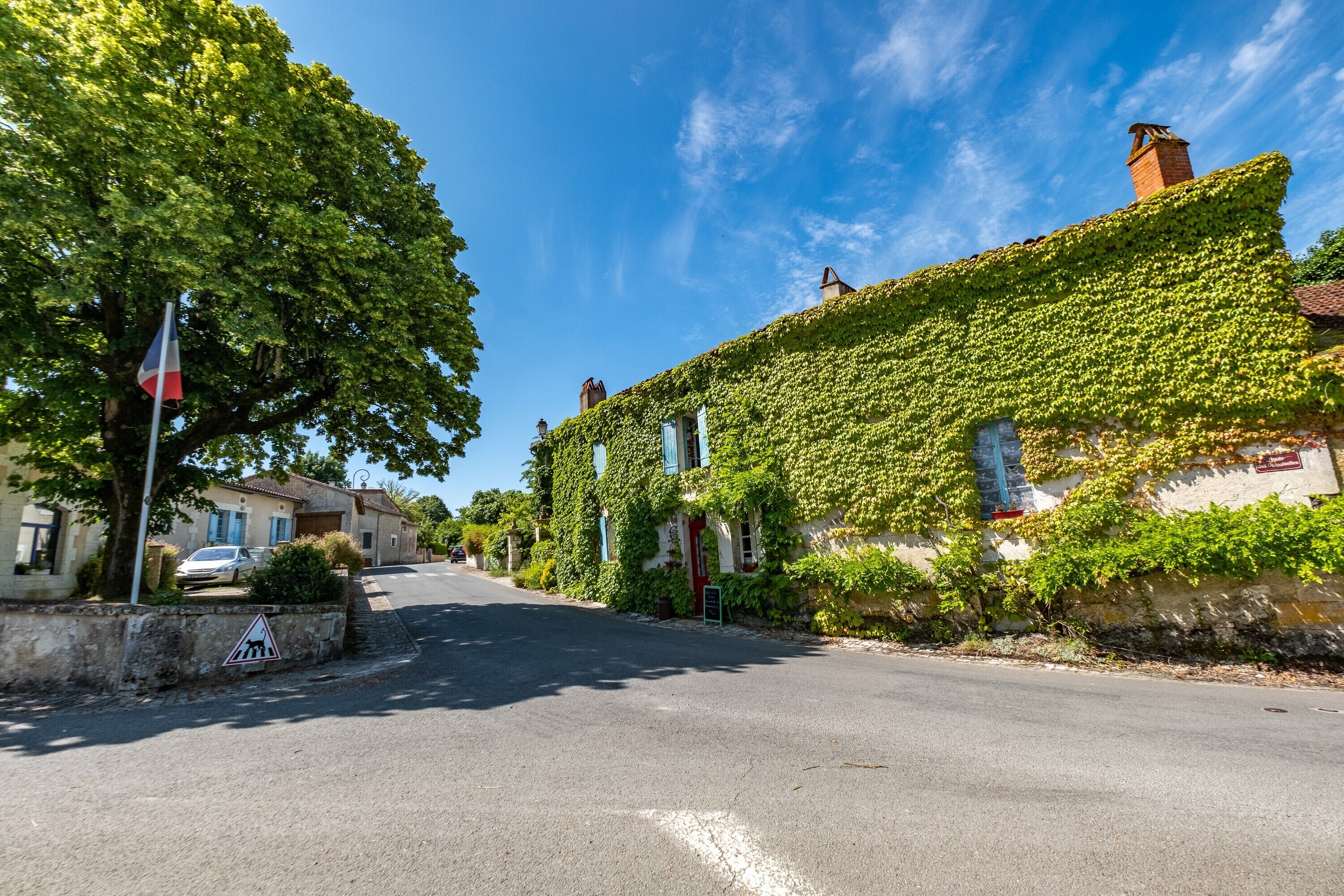 A narrow street with ivy-covered buildings, a flag, and a triangular road sign.