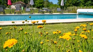 Una piscina con tumbonas y sombrillas, rodeada de un césped con flores amarillas.