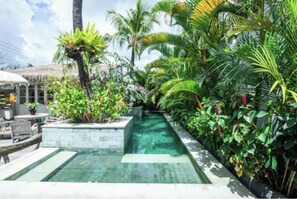 Et poolområde med en klar vandfunktion, omgivet af frodige tropiske planter og en tagkonstruktion af strå.
