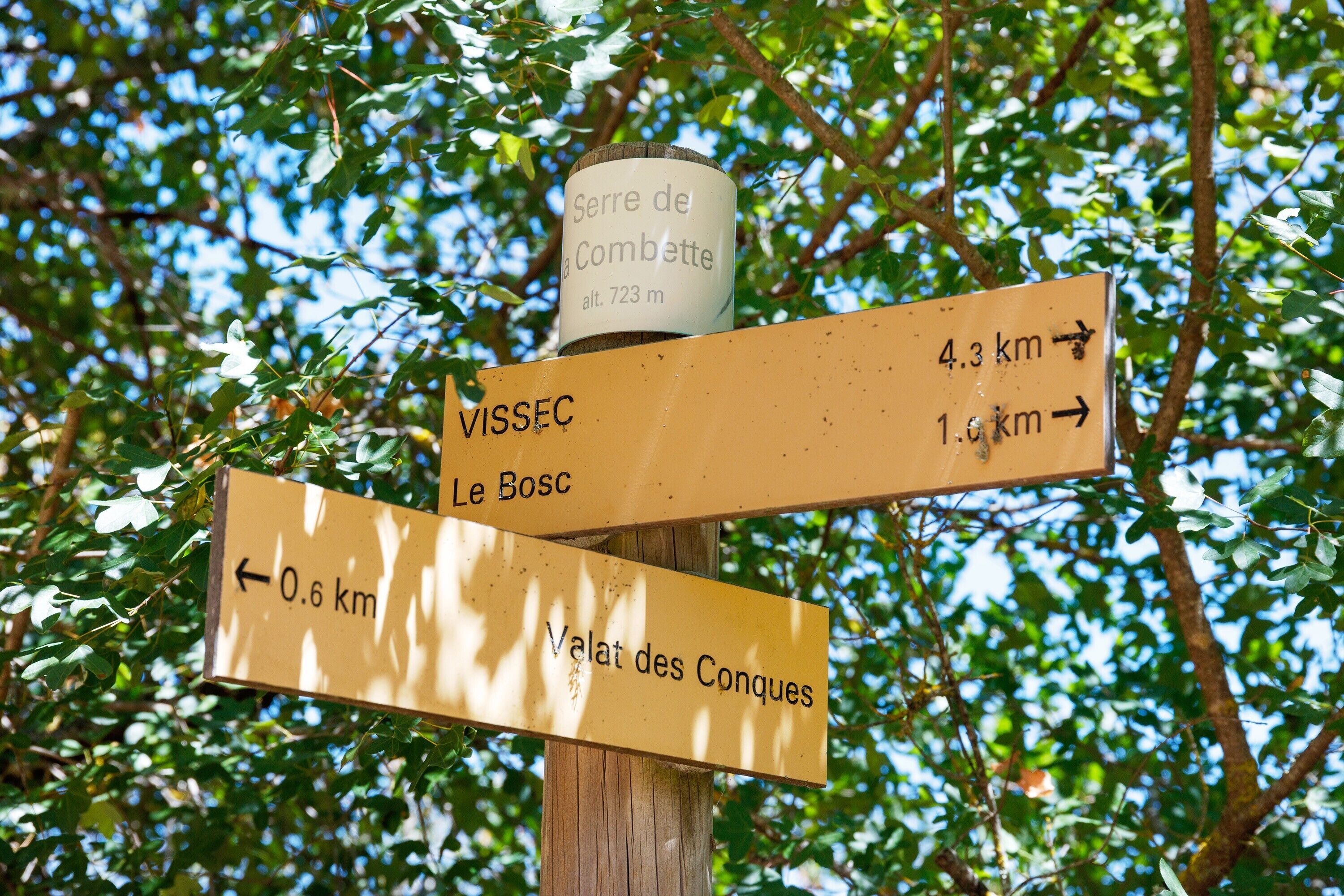 Wegweiser mit Entfernungen zu verschiedenen Orten.