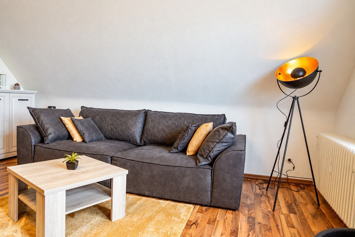 A modern living room with a dark grey sofa, a wooden coffee table, and a floor lamp.