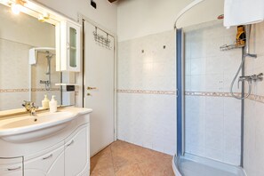 Chuveiro, secador de cabelo, toalhas de banho 