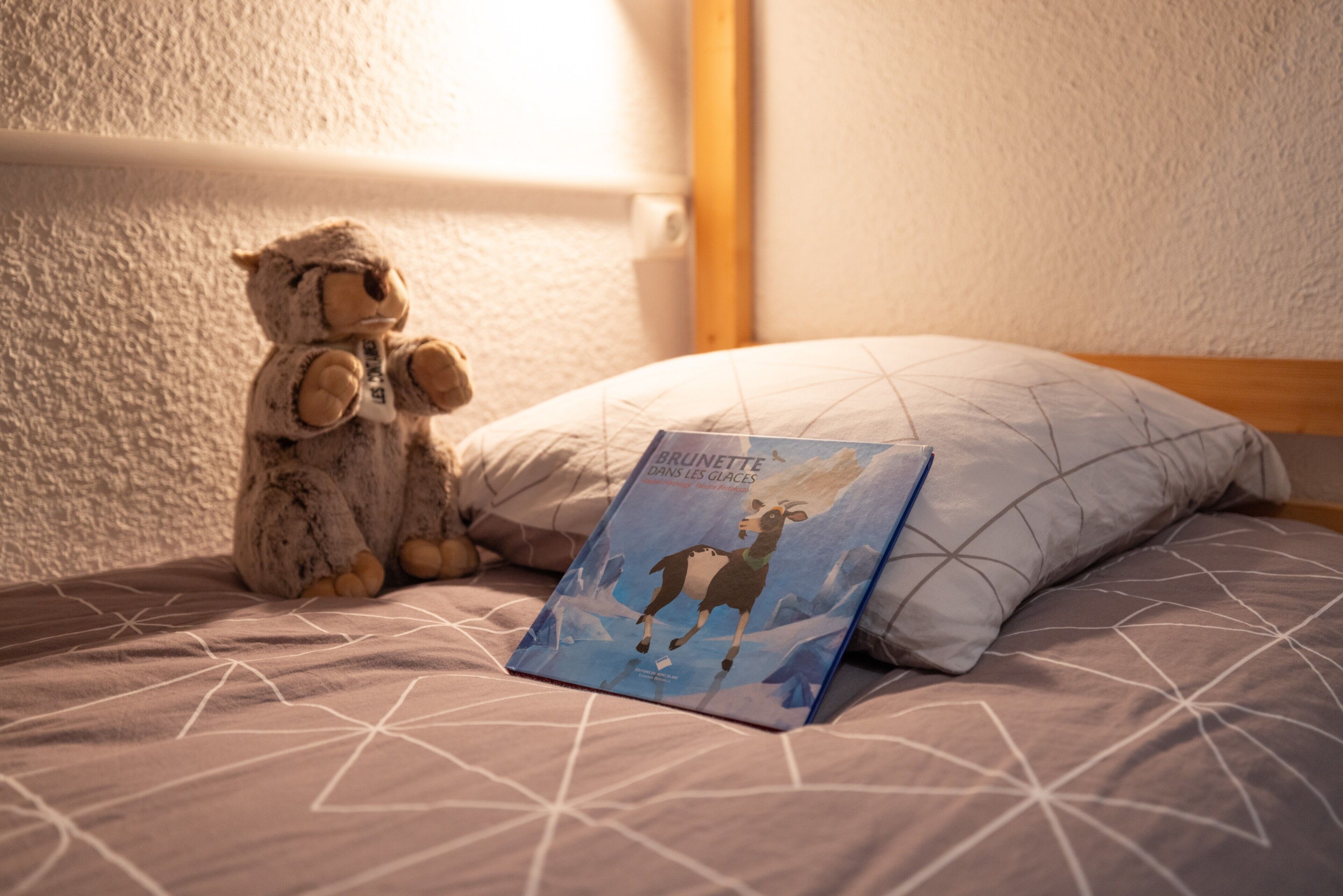 Ein Bett mit einem geometrisch gemusterten Bettbezug, einem Kissen und einem Buch mit dem Titel 'BRUNETTE IN THE GLACIES' darauf.