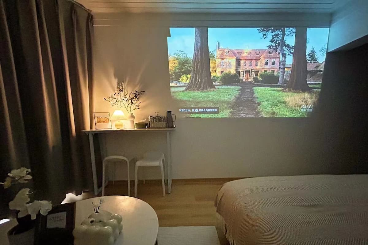 A hotel room with a bed, a desk with a lamp, two chairs, a small table with a vase, and a projection of a building and trees on the wall.