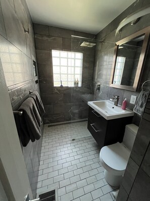 Dusch, hårtork, handdukar och tvål