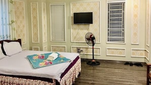 Une chambre à coucher avec un lit, un téléviseur fixé au mur, un ventilateur sur pied et une fenêtre avec des stores.