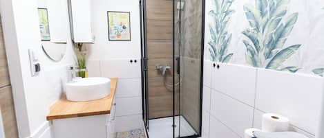 Shower, hair dryer, towels, soap