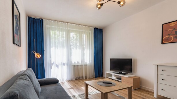 Un salon moderne avec un canapé, un téléviseur posé sur un meuble, une table avec une télécommande et un luminaire au plafond.