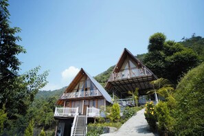 Deux cabanes en bois dotées de balcons, entourées d’une végétation luxuriante et surplombées par un ciel dégagé.