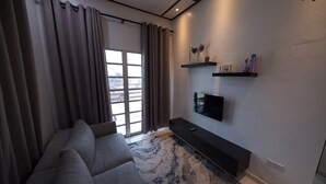 A modern living room with a grey sofa, a flat-screen TV mounted on the wall, and a patterned rug.