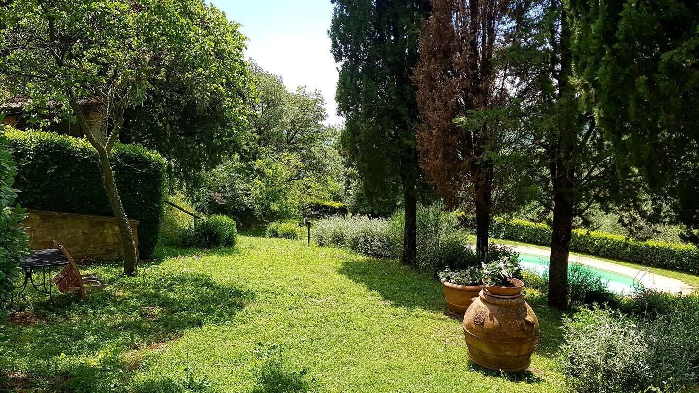 Un jardin luxuriant avec une pelouse bien entretenue, un banc en bois et deux grands pots en terre cuite.