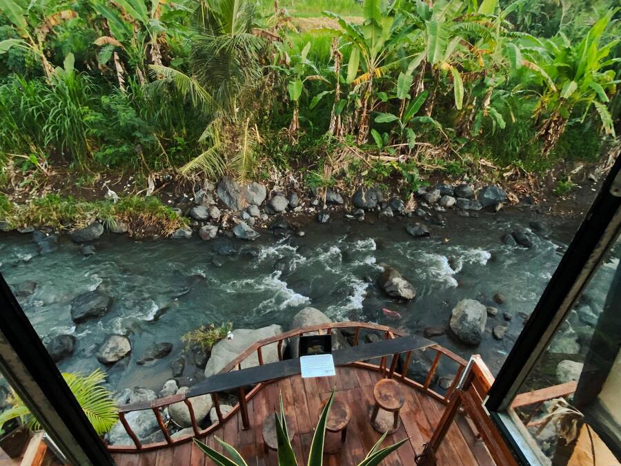 Une terrasse en bois offrant une vue sur une rivière et la végétation environnante.