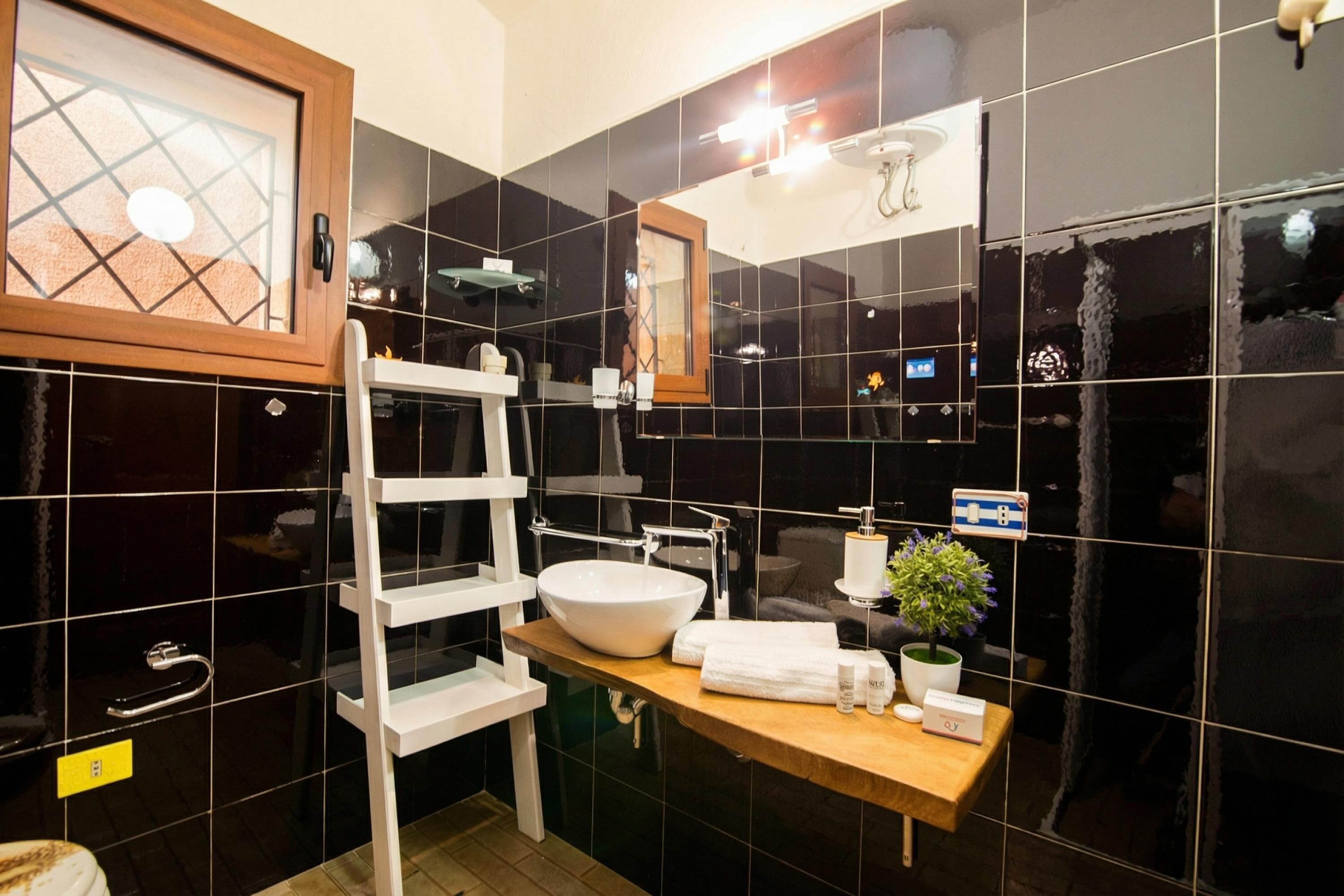 Een moderne badkamer met zwarte tegels, een witte wastafel, een houten wastafelmeubel, een handdoekrek en een kleine potplant.