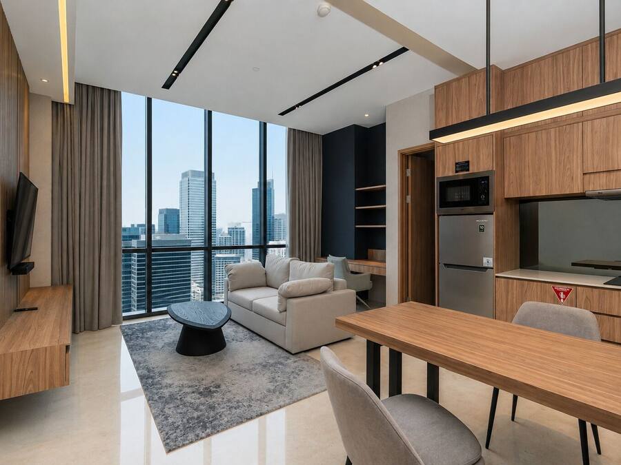 Una sala de estar moderna con vistas a la ciudad, un comedor y una kitchenette.