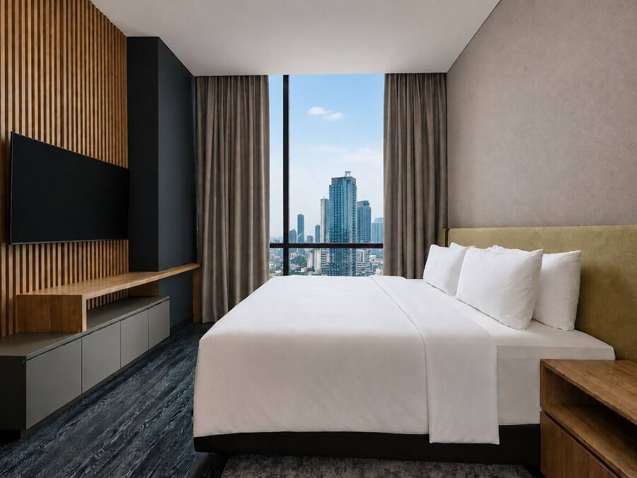 A hotel room with a large bed, a flat-screen TV, a wooden panel wall, and a city view.