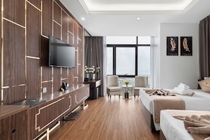 Quarto luxo, 2 camas de solteiro, vista para a praia | Frigobar, cofres nos quartos, escrivaninha, cortinas blackout