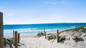 A sandy beach with wooden posts and sparse vegetation, leading to the ocean. - Sounds of the Ocean on Boyd (WOORIM)
