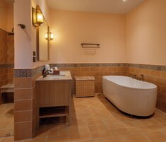 Separate tub and shower, rainfall showerhead, free toiletries