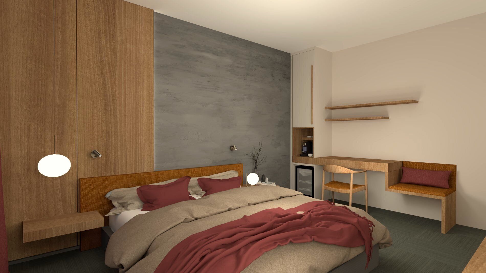 Un dormitorio moderno con cama, mesitas de noche, un escritorio y una silla.