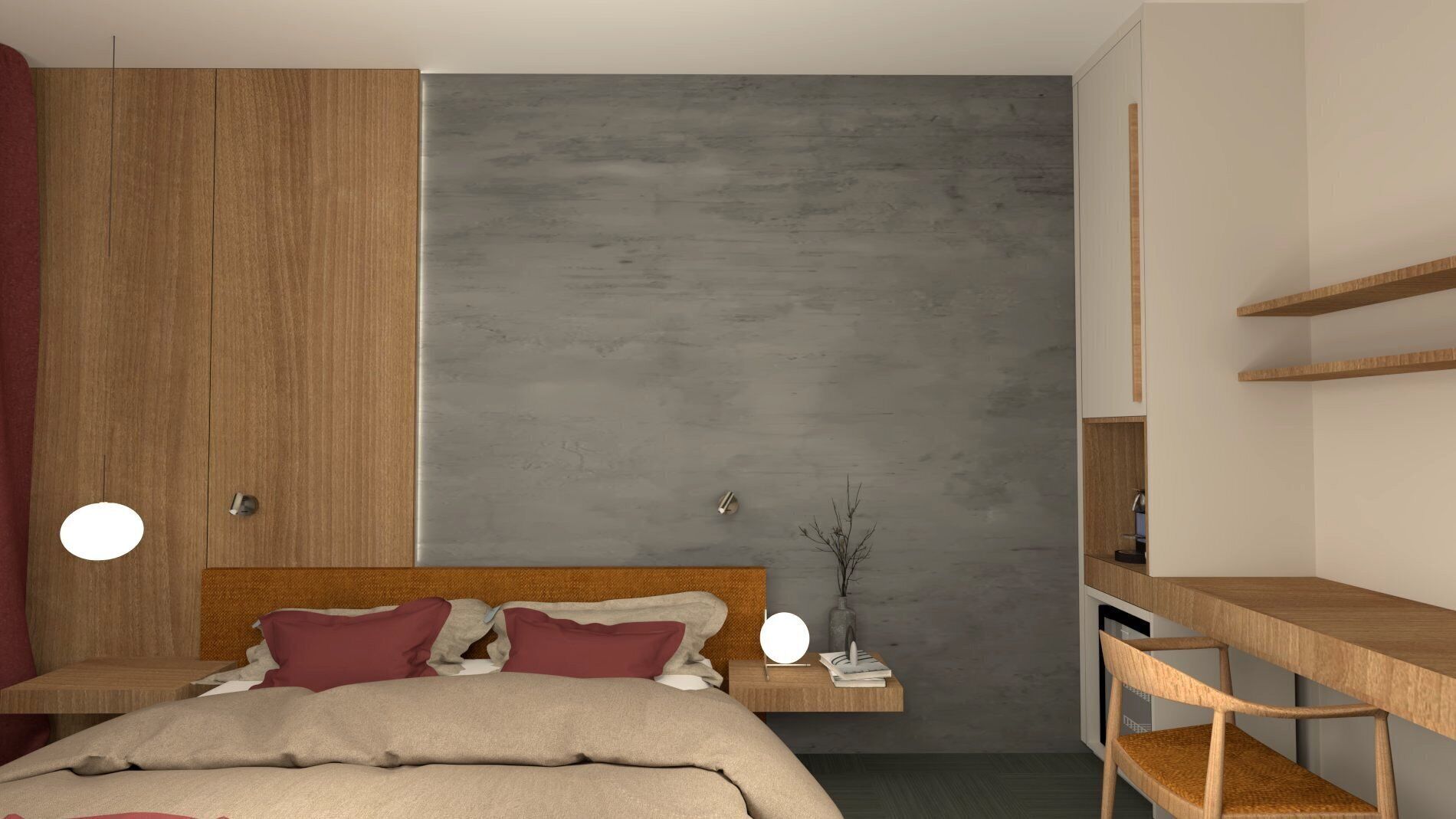 Een moderne slaapkamer met een bed, een houten garderobe en een bureau met planken.