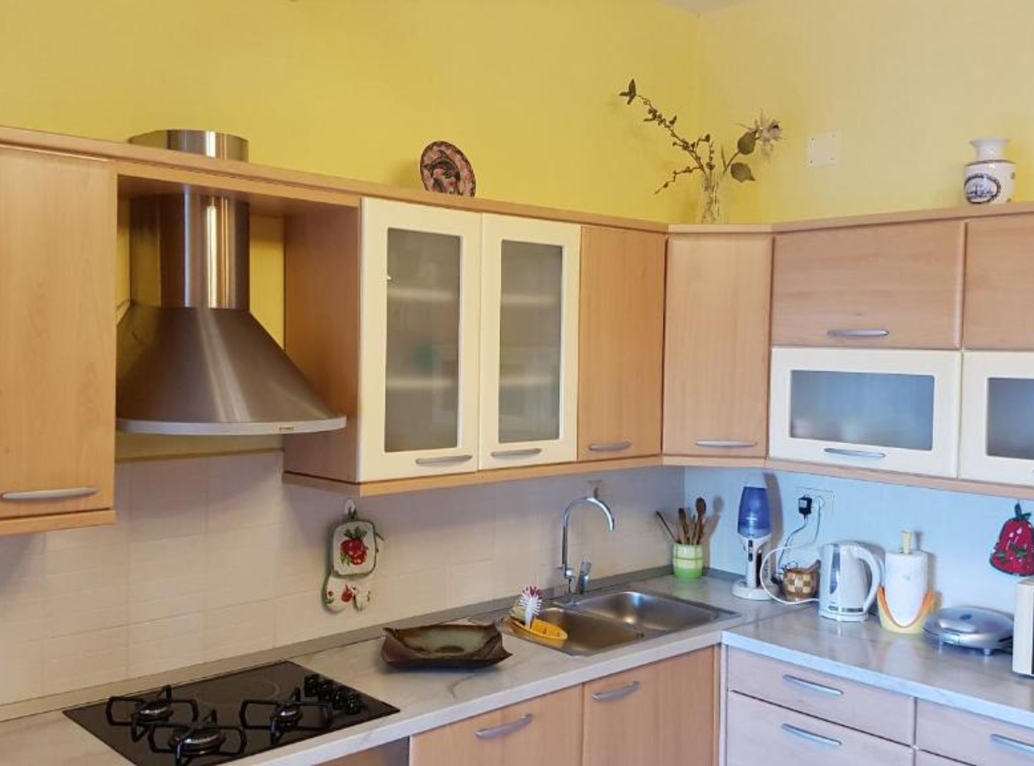 Uma cozinha com armários de madeira, coifa de aço inoxidável, pia dupla e diversos eletrodomésticos, incluindo micro-ondas e chaleira.
