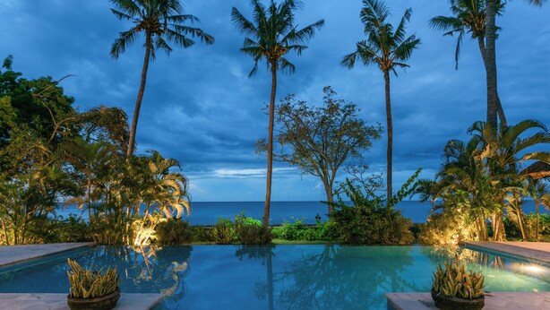 Une piscine avec vue sur l’océan, entourée de palmiers et d’une végétation tropicale.