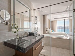 Premier Studio, Bathtub, Sea View | Bathroom | Combined shower/tub, rainfall showerhead, free toiletries, hair dryer