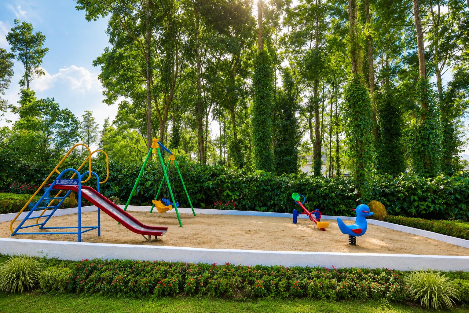 A playground with a slide, swings, and a duck-shaped toy.