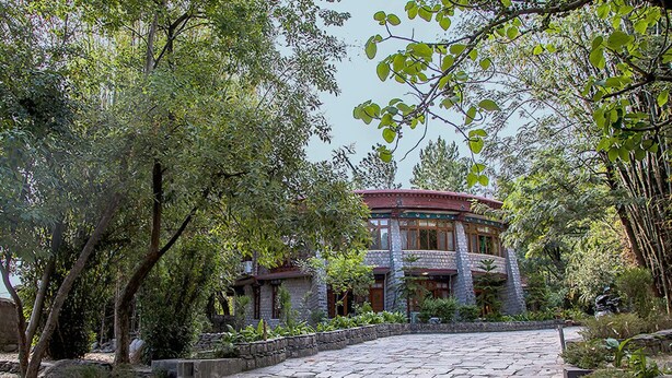 A stone pathway leading to a traditional building surrounded by lush greenery. - Norling House (Dharamshala)