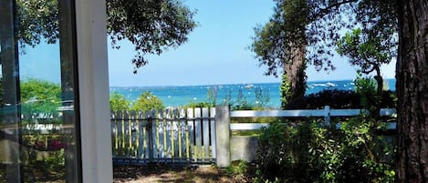 A view through a glass door to a garden with a white fence, trees, and a body of water in the distance.