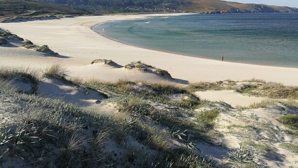A coastal landscape with a sandy beach, grassy dunes, and a clear view of the sea. - La Entretenida -  View and Sound of the Sea, Next to the Beach. Pet-Friendly. (Doniños Ferrol)