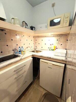 A compact kitchen with a sink, stove, microwave, and a dishwasher.