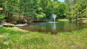 Un étang paisible avec une fontaine, entouré d’une végétation luxuriante et d’arbres.