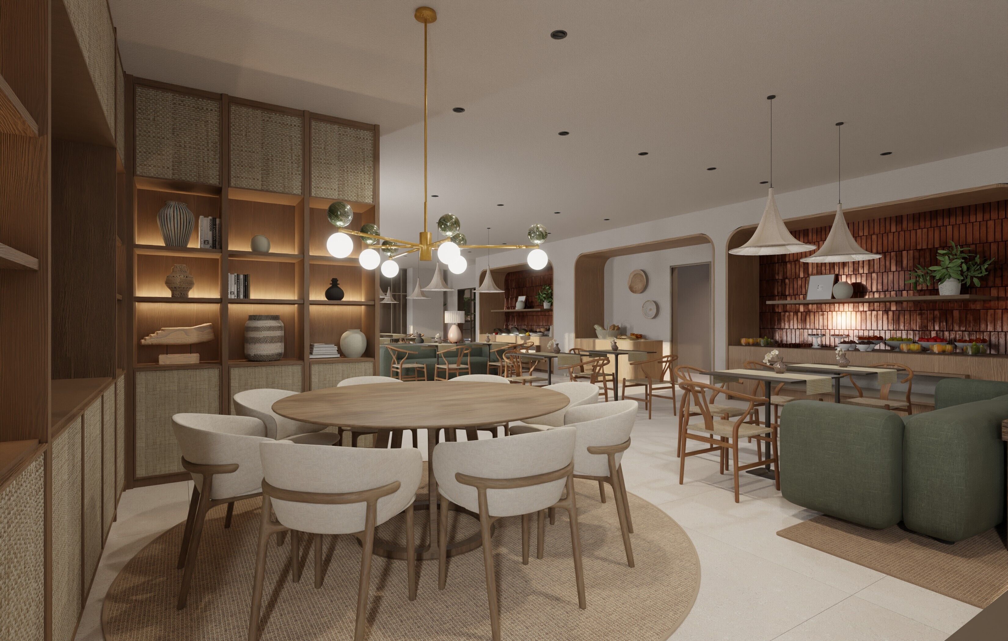 A modern dining area with a round wooden table surrounded by chairs, a central chandelier, and a bookshelf filled with decorative items.