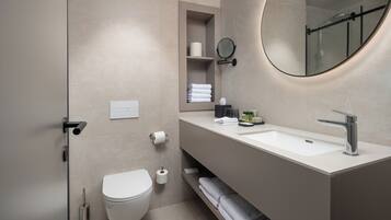 A modern bathroom with a toilet, sink, and mirror.