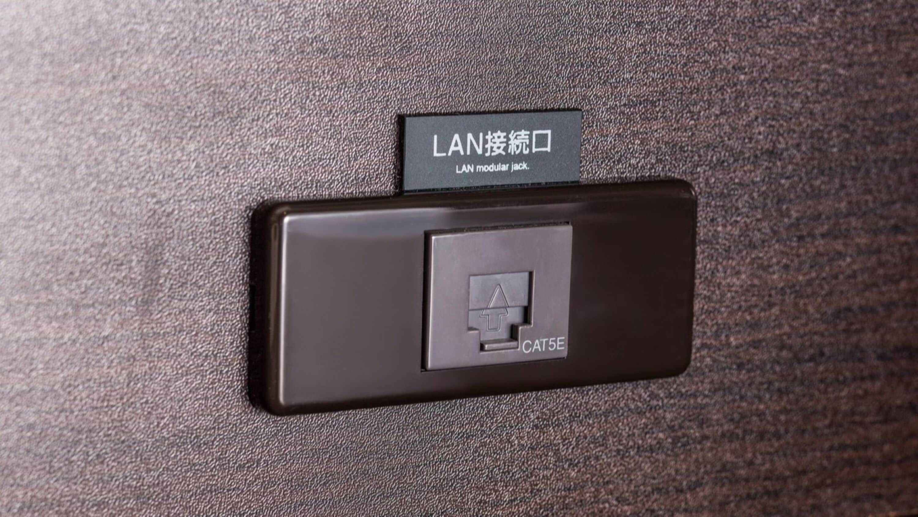 A black modular jack labeled "LAN" and "CAT5E" on a textured surface.