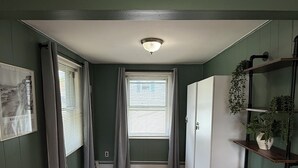 A hallway with wooden flooring, a ceiling light, a door, and a shelf with plants.