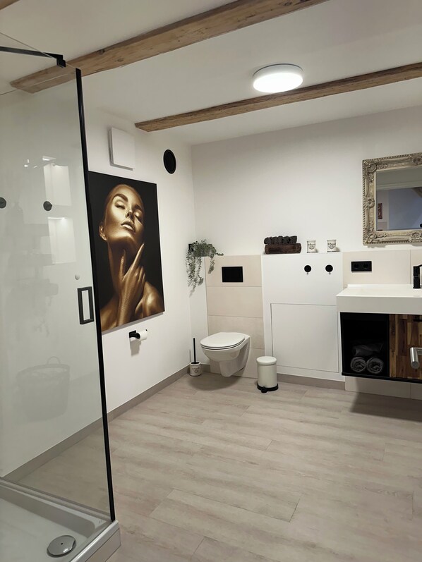 Hair dryer, towels, soap, toilet paper