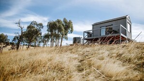 A modern house with a flat roof, large windows, and a balcony, surrounded by dry grass and trees. - Tiny Pip Summary:<br>Tin (Tooborac)