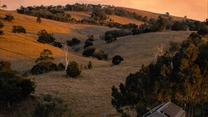 A small cabin with a deck, surrounded by a grassy landscape and trees, during sunset. - Tiny Pip Summary:<br>Tin (Tooborac)