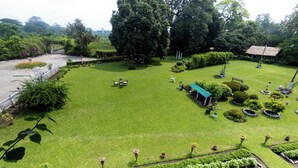 Un jardin bien entretenu, avec une grande variété de plantes et un petit espace aménagé pour s’asseoir.